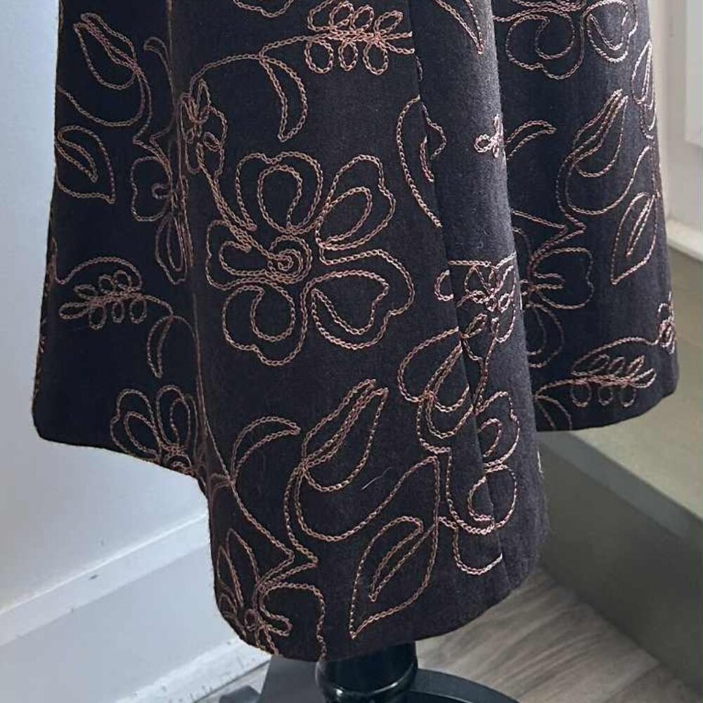 Vintage Bob Mackie Chocolate Wool Floral Embroidered A-Line Midi Skirt – US 4 - Picture 6 of 9